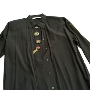 Vintage 1990s Black Blouse Statement Jeweled Buttons Sheer Sleeves by Express -